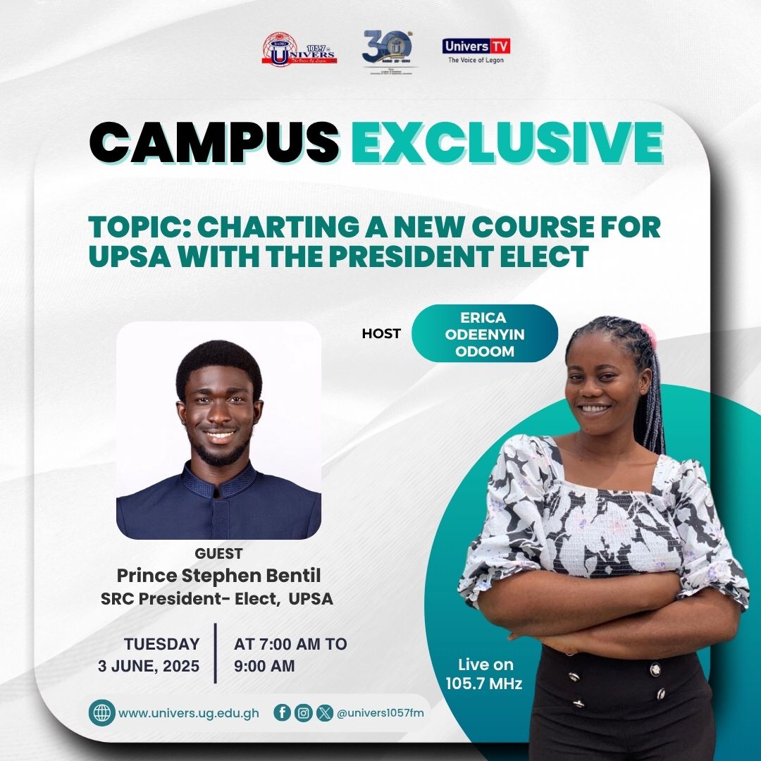 univers1057fm's tweet photo. A new terrain has just began for the University of Professional Studies (UPSA). To better acquaint ourselves with the expectations, policies, and plans for this era, tune in to CampEx Exclusive tomorrow. 

#CampEx
#UPSASRC
#RadioUnivers
@Voice_Of_UPSA https://t.co/Yj8u0tWZNH