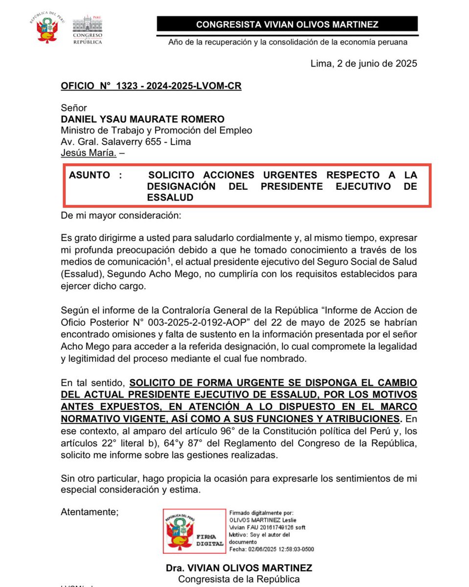 Vivian Olivos (@vivianolivos) on Twitter photo 🚨Solicito #Cambio del actual presidente ejecutivo de <a href="/EsSaludPeru/">EsSalud Perú</a> quien no cumpliría con los requisitos necesarios para ejercer el cargo.
<a href="/MTC_GobPeru/">Ministerio de Transportes y Comunicaciones</a> 🚨Solicito #Cambio del actual presidente ejecutivo de <a href="/EsSaludPeru/">EsSalud Perú</a> quien no cumpliría con los requisitos necesarios para ejercer el cargo.
<a href="/MTC_GobPeru/">Ministerio de Transportes y Comunicaciones</a>