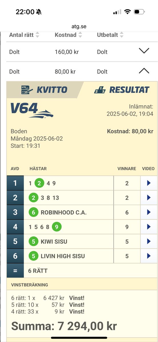 dagerback's tweet photo. Kul när ett reducerat system hittar hem när det var jackpot idag på v64! 
240kr ➡️7294kr https://t.co/77q218Uyk5