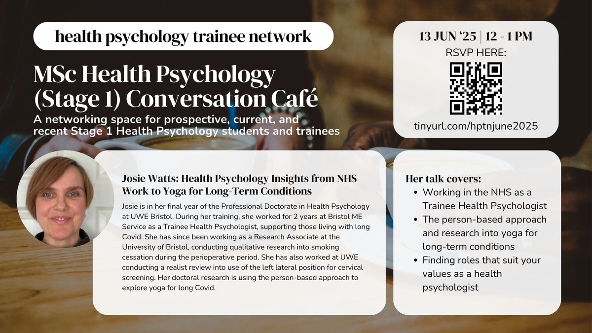 Health Psychology Trainee Network (MSc/Stage 1) (@hptn_stage1) on Twitter photo 💛 Join us on for our June #ConversationCafe with Josie Watts, a final-year Health Psychology trainee at <a href="/UWEBristol/">UWE Bristol</a>, as she shares her journey through NHS work, yoga research for long Covid, & how to find purpose-driven roles that align with your values: tinyurl.com/hptnjune2025 💛 Join us on for our June #ConversationCafe with Josie Watts, a final-year Health Psychology trainee at <a href="/UWEBristol/">UWE Bristol</a>, as she shares her journey through NHS work, yoga research for long Covid, & how to find purpose-driven roles that align with your values: tinyurl.com/hptnjune2025