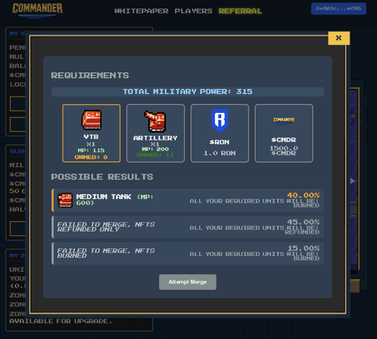 ⚠️NFT Merge Mint⚠️

Just minutes ago, <a href="/cmdr_onchain/">Commander</a> has launched a new NFT mint using unit fusion, where you can convert 2 units into a much more powerful one.

This introduces 2 new units: the Tank and the Medium Tank.

More information is available in the attached images.