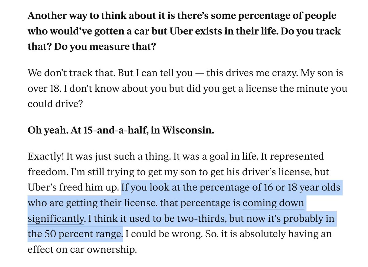 fiscal_ai's tweet photo. Uber CEO Dara Khosrowshahi:

"If you look at the percentage of 16 or 18 year olds who are getting their license, that percentage is coming down significantly."

$UBER https://t.co/6Kx5PDTGP5