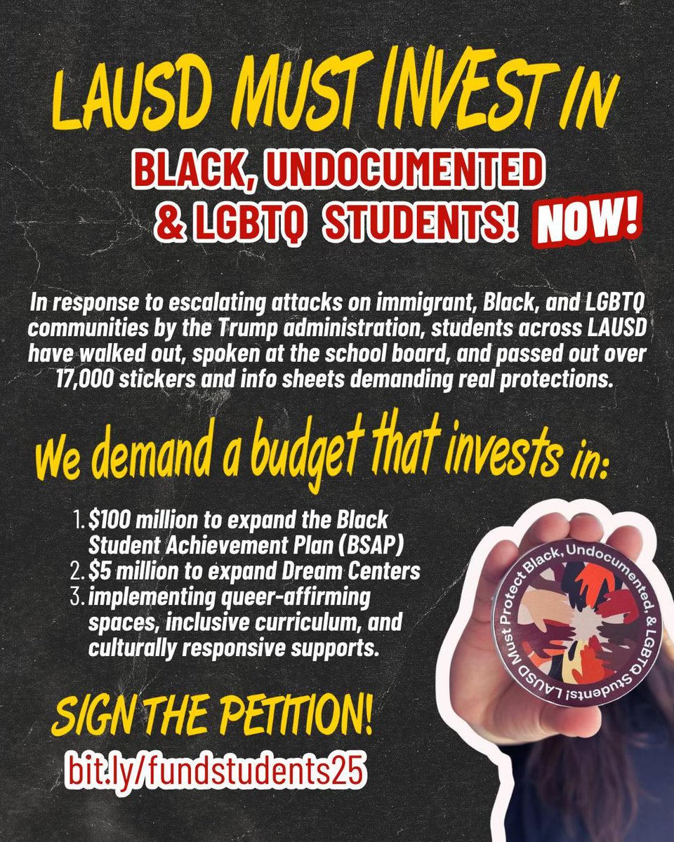 Join the #PoliceFreeLAUSD Coalition by signing onto our petition to ensure the 2025 - 2026 budget reflects investments in the Black Student Achievement Plan (BSAP), Dream Centers and LGBTQ+ supports! 

🔗bit.ly/fundstudents25 

#PoliceFreeLAUSD #FundYouthFutures