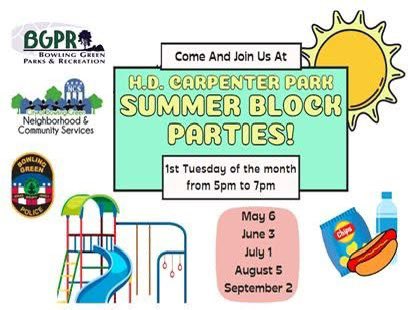 Tomorrow is the next Carpenter Park Block Party!
Join us and our city colleagues for a fun night of music, food, fellowship and all things Duncan Hines Days! 

#bgky #blockparty #duncanhinesdays