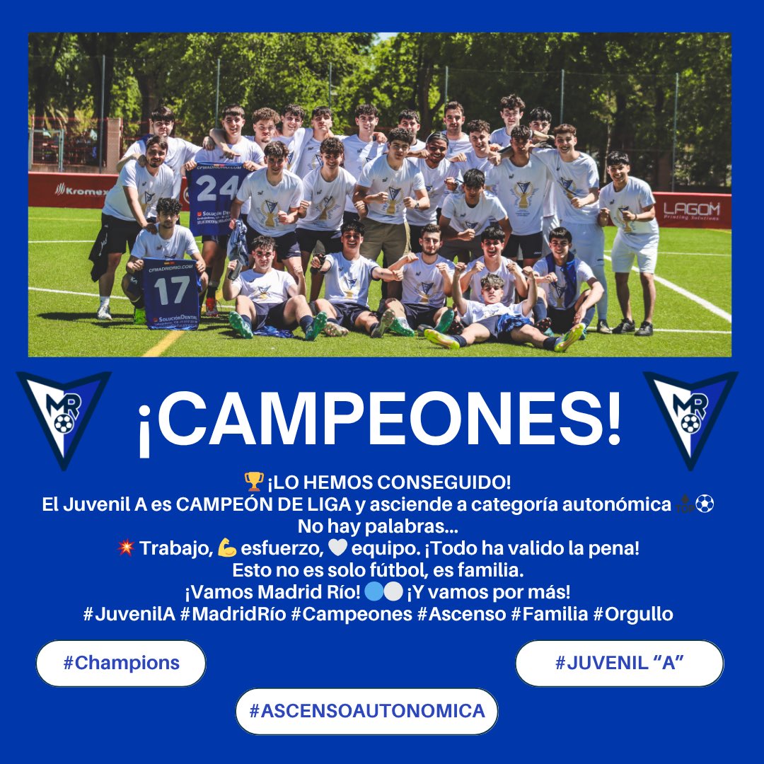 🏆 ¡LO HEMOS CONSEGUIDO!
El Juvenil A es CAMPEÓN DE LIGA y asciende a categoría autonómica 🔝⚽

No hay palabras...
💥 Trabajo, 💪 esfuerzo, 🤍 equipo. ¡Todo ha valido la pena!
Esto no es solo fútbol, es familia.
¡Vamos Madrid Río! 🔵⚪ ¡Y vamos por más!
