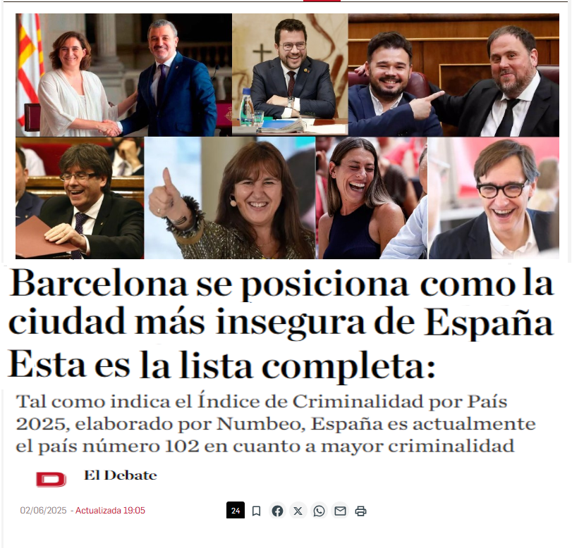 "Barcelona se posiciona como la ciudad más insegura de España: esta es la lista completa"
eldebate.com/sociedad/20250…