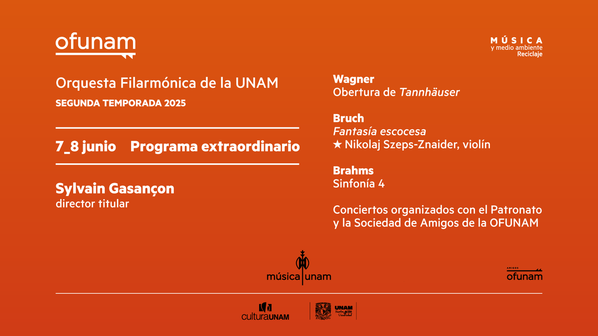 OFUNAM's tweet photo. Este fin de semana presentamos un programa extraordinario donde combinamos obras del repertorio romántico. Por primera vez en México participa el violinista danés Nikolaj Szeps-Znaider, quien interpreta la "Fantasía escocesa", Op. 46, de Max Bruch, una composición para violín y orquesta escrita en 1880 y dedicada a Pablo de Sarasate, un virtuoso violinista, compositor y director español del siglo XIX. 

El programa incluye la obertura de "Tannhäuser" de Richard Wagner y la Sinfonía núm. 4 en mi menor, Op. 98 de Johannes Brahms.

Participan: Sylvain Gasançon, director titular / Nikolaj Szeps-Znaider, violín

7 y 8 de junio | Sala Nezahualcóyotl
Más información: https://t.co/vFz18sverO

Conciertos organizados con el Patronato y la Sociedad de Amigos de la OFUNAM @SAOFUNAM. 

#MúsicaUNAM #CulturaUNAM