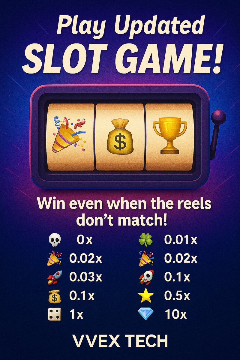 vvextech's tweet photo. ๐ฐ Exciting update! Our VVEX Tech Slot Game just got better โ now you WIN even if the reels don't match! ๐๐
Spin and earn partial payouts even with different emojis!
Start spinning & winning now ๐ https://t.co/G3P2cFyHJr
#VVEXTech #SlotGame #CryptoGaming #XRPL https://t.co/eFuB8ti3LL