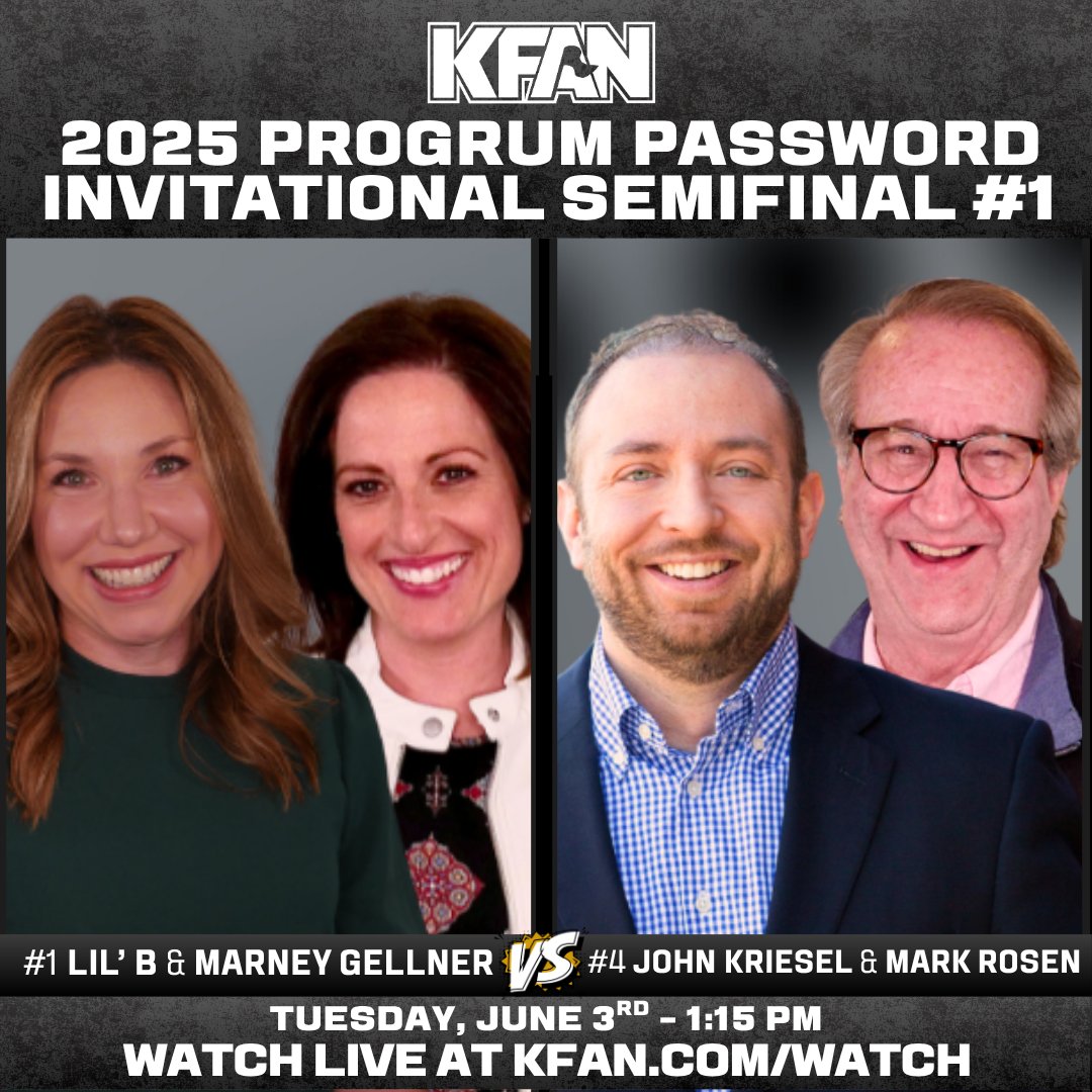KFAN1003 (@kfan1003) on Twitter photo TODAY AT 1:15PM! We kick off the #ProgrumPassword Invitational Semifinals as #1 Seed <a href="/LilBKFAN/">Barb Neren</a> / <a href="/MarneyGellner/">Marney Gellner</a> take on #4 Seed <a href="/johnkriesel/">John Kriesel</a> / <a href="/KFANRosen/">Mark Rosen</a>!
<a href="/iHeartRadio/">iHeartRadio</a>
🎧: KFAN.com/Listen
📲: KFAN.com/Watch TODAY AT 1:15PM! We kick off the #ProgrumPassword Invitational Semifinals as #1 Seed <a href="/LilBKFAN/">Barb Neren</a> / <a href="/MarneyGellner/">Marney Gellner</a> take on #4 Seed <a href="/johnkriesel/">John Kriesel</a> / <a href="/KFANRosen/">Mark Rosen</a>!
<a href="/iHeartRadio/">iHeartRadio</a>
🎧: KFAN.com/Listen
📲: KFAN.com/Watch