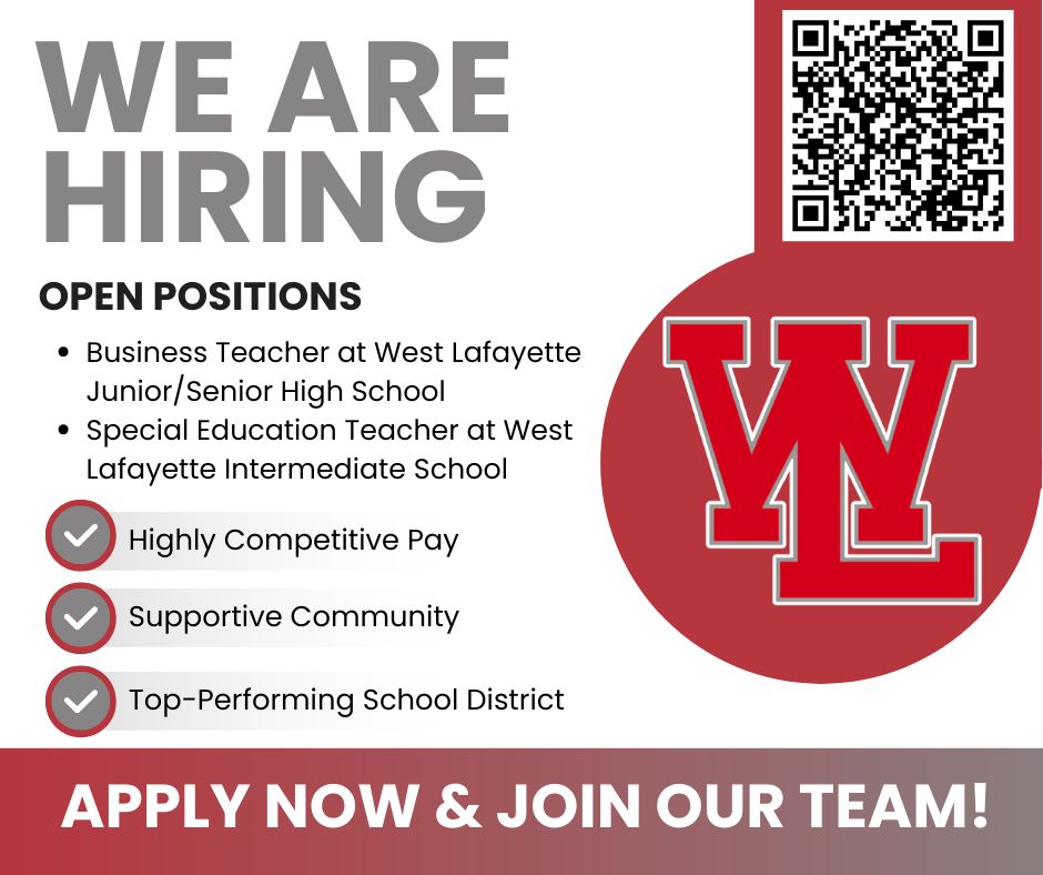 WLCSC is currently hiring for the positions of:
-Business Teacher at West Lafayette Junior/Senior High School
-Special Education Teacher at West Lafayette Intermediate School
We encourage you to apply using the QR code or the link: applitrack.com/wabash/onlinea…...
Please share!!!