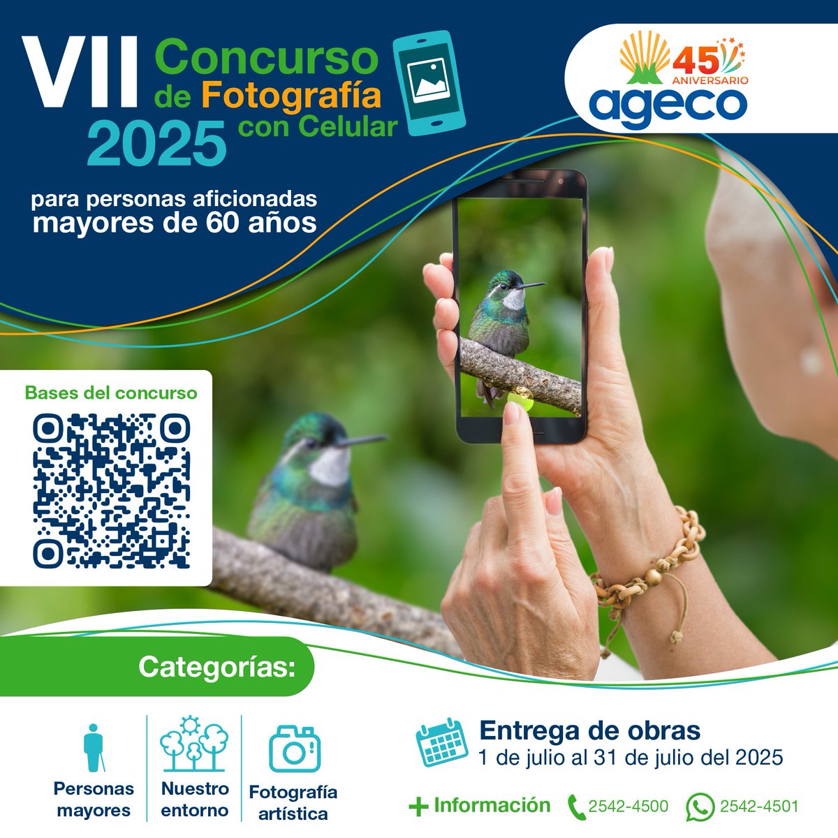 🎉 VII Concurso de Fotografía con Celular para Personas Aficionadas Mayores de 60 Años 📱📷

¡Demuestre su talento y comparta su mirada única del mundo!

📄 Consulte las bases del concurso escaneando el código QR o descargándolas aquí:
🔗 ageco.org/bases-concurso…