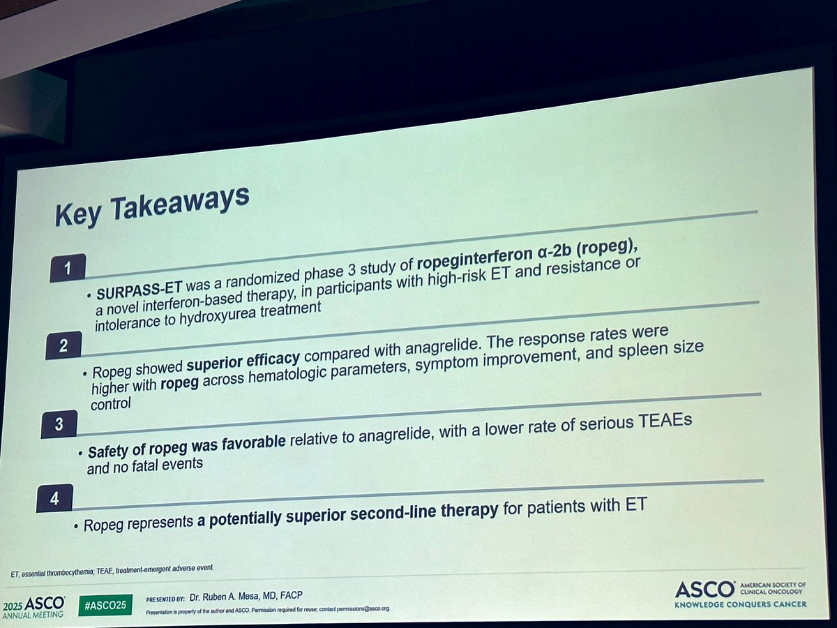 Naveen Pemmaraju, MD (@doctorpemm) on Twitter photo ๐๐๐Important presentation by <a href="/mpdrc/">Ruben A. Mesa, MD</a> for #MPNSM field at #ASCO25 presenting the #SURPASS-ET study : Positive study for #RopegIFN for patients with high-risk randomized ph3 vs Anagrelide for patients intoler/resistant to prior HU in Essential Thrombocytosis | <a href="/MDmasarova/">Lucia Masarova, MD</a> <a href="/ASCO/">ASCO</a> ๐๐๐Important presentation by <a href="/mpdrc/">Ruben A. Mesa, MD</a> for #MPNSM field at #ASCO25 presenting the #SURPASS-ET study : Positive study for #RopegIFN for patients with high-risk randomized ph3 vs Anagrelide for patients intoler/resistant to prior HU in Essential Thrombocytosis | <a href="/MDmasarova/">Lucia Masarova, MD</a> <a href="/ASCO/">ASCO</a>