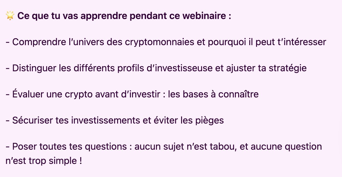 Bon, je sais qu’ici vous êtes déjà bien des connaisseurs voir degens crypto, et qu’on est pas des masses à être des femmes sur ce feed... mais qui sait, ça peut peut-être intéresser vos copines, vos sœurs, vos mères ?

Avec <a href="/swissborg/">SwissBorg</a>, on organise un webinaire gratuit pour
