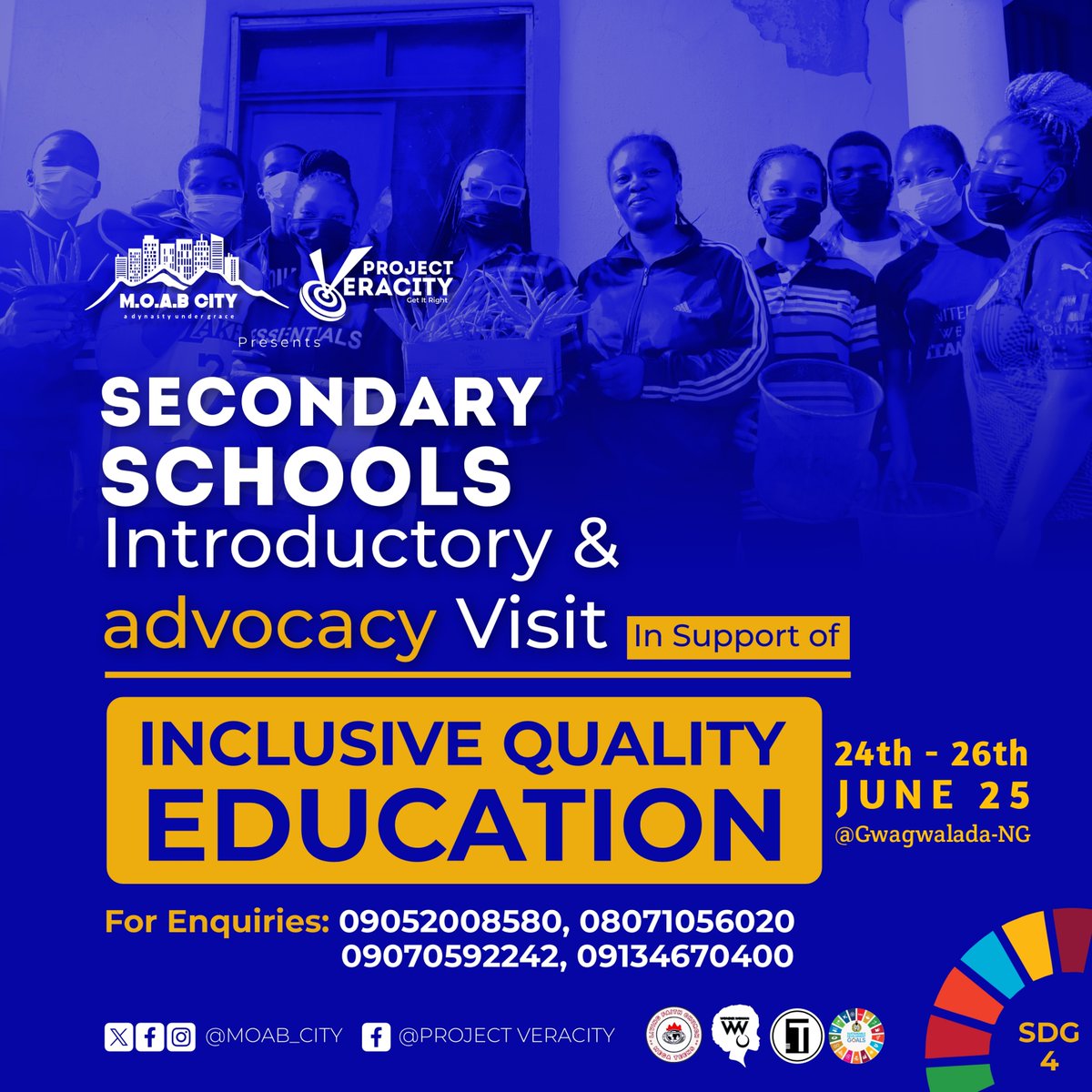 MOAB_City's tweet photo. It's OFFICIAL! A Service to HUMANITY, a Step to Strengthening INCLUSIVE QUALITY EDUCATION. Secondary Schools Introductory &amp; Advocacy Visit. Countdown to PVJUNE25 @Gwagwalada-ABJ-NG.
#MoabCity #DAs #ProjectVeracity #PIEs-ISG #ImpactfulLiving #HOPEinView #SDGs #PowerofOne #Educare https://t.co/FctOyMWMh1