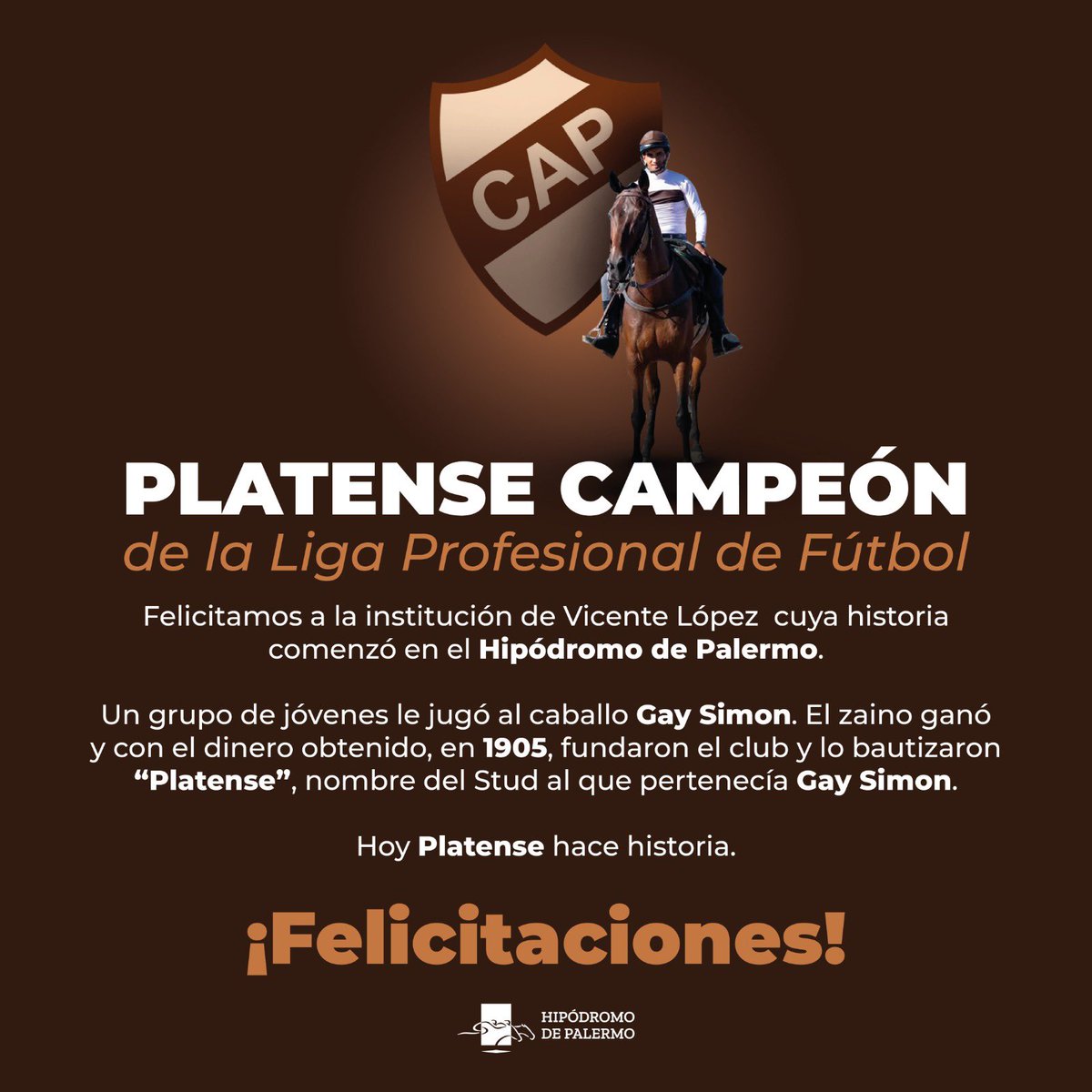 Felicitamos a <a href="/caplatense/">Club Atlético Platense</a> por la obtención del campeonato de la Liga Profesional de Fútbol
Su historia comenzó en el Hipódromo de Palermo. Conocela 👇