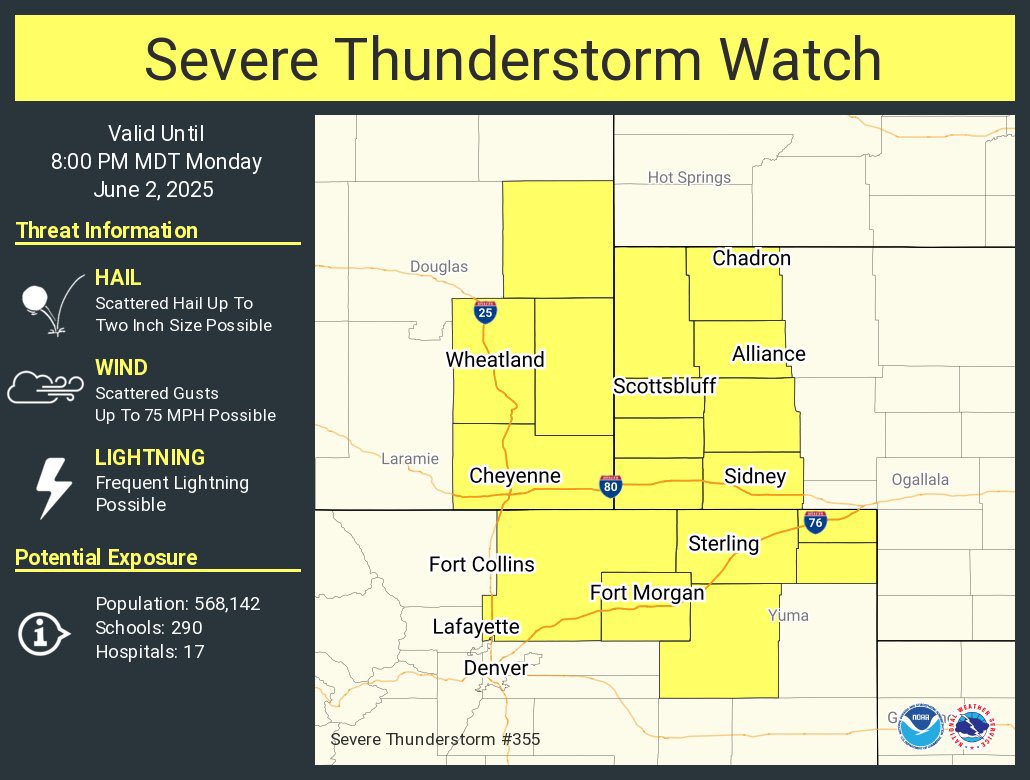 A severe thunderstorm watch has been issued for parts of Colorado, Nebraska and Wyoming until 8 PM MDT