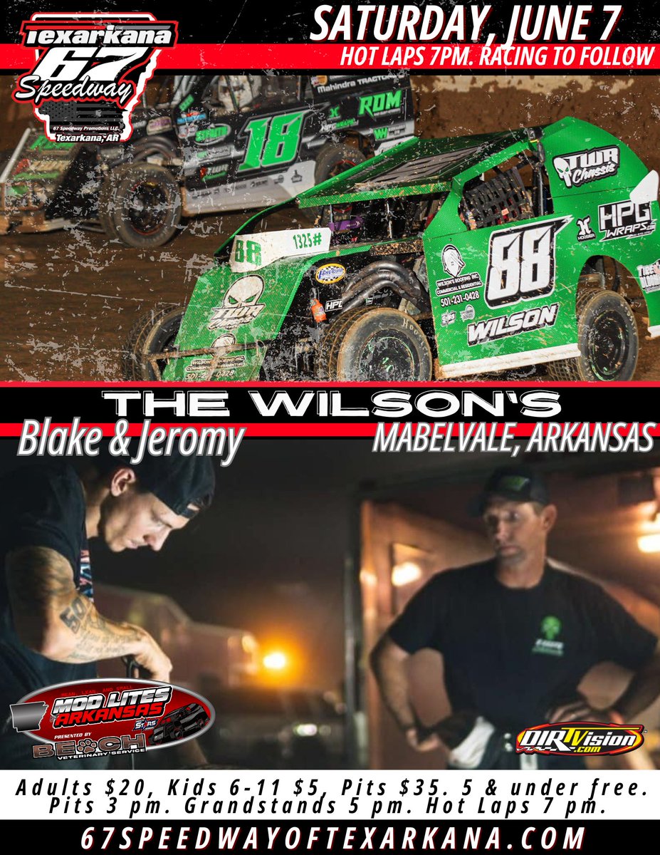 Texarkana 67 Speedway (@texarkana67) on Twitter photo Mabelvale, Arkansas' Father & Son team Blake & Jeromy Wilson will be in action this Saturday night at <a href="/Texarkana67/">Texarkana 67 Speedway</a> with the Mod Lites of Arkansas as well as the <a href="/ASCSRacing/">American Sprint Car Series</a>.
Grandstands open at 5 pm. Tickets can be purchased online at myracepass.com/tracks/2680/ti… Mabelvale, Arkansas' Father & Son team Blake & Jeromy Wilson will be in action this Saturday night at <a href="/Texarkana67/">Texarkana 67 Speedway</a> with the Mod Lites of Arkansas as well as the <a href="/ASCSRacing/">American Sprint Car Series</a>.
Grandstands open at 5 pm. Tickets can be purchased online at myracepass.com/tracks/2680/ti…