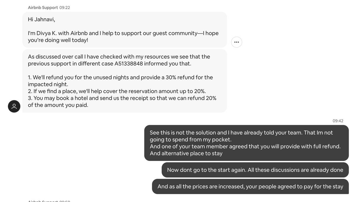 JahnaviPra2752's tweet photo. No resolution even after all the below promises by @Airbnb 
Why do i have to go through all this when i paid 83 euros of service fee @bchesky ? I have more details to share but not able to share everything here. #AirbnbFail #AirbnbAirCover #CustomerServiceFail #BookingScam https://t.co/RucljskhxG