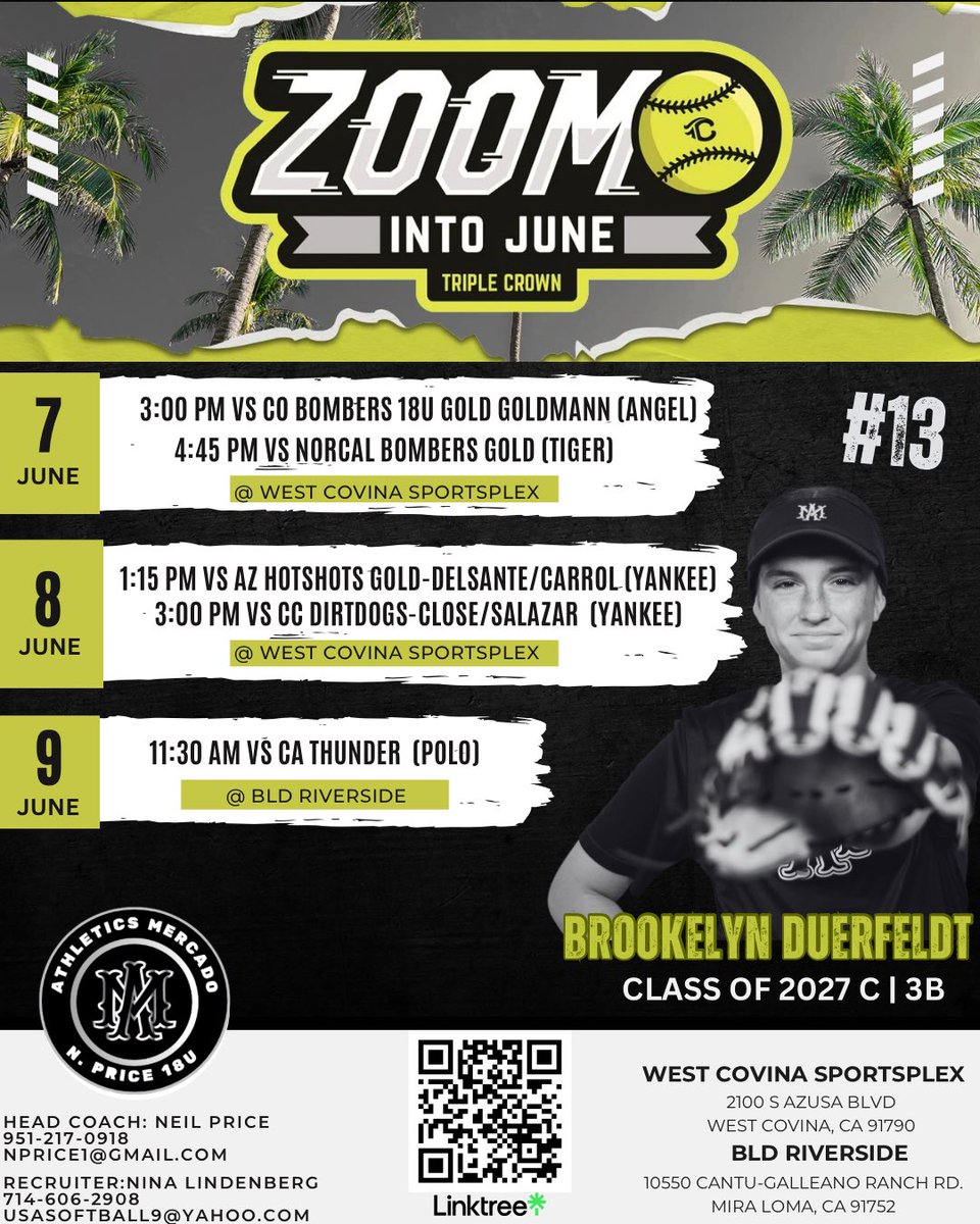 Brookelyn Duerfeldt (@brookelynd2027) on Twitter photo 📍 Zoom Into June This Weekend!
📣 I’ll be competing at Zoom Into June with Athletics Mercado N. Price. Looking forward to showcasing my game behind the plate and at third!
📍 West Covina Sportsplex & BLD Riverside
<a href="/MercadoAcademy/">Athletics Mercado Academy</a> <a href="/D1Softball/">D1Softball</a> <a href="/LineDsoftball/">Line Drive Media</a> <a href="/CoastRecruitsSB/">Coast Recruits 🥎</a> 📍 Zoom Into June This Weekend!
📣 I’ll be competing at Zoom Into June with Athletics Mercado N. Price. Looking forward to showcasing my game behind the plate and at third!
📍 West Covina Sportsplex & BLD Riverside
<a href="/MercadoAcademy/">Athletics Mercado Academy</a> <a href="/D1Softball/">D1Softball</a> <a href="/LineDsoftball/">Line Drive Media</a> <a href="/CoastRecruitsSB/">Coast Recruits 🥎</a>
