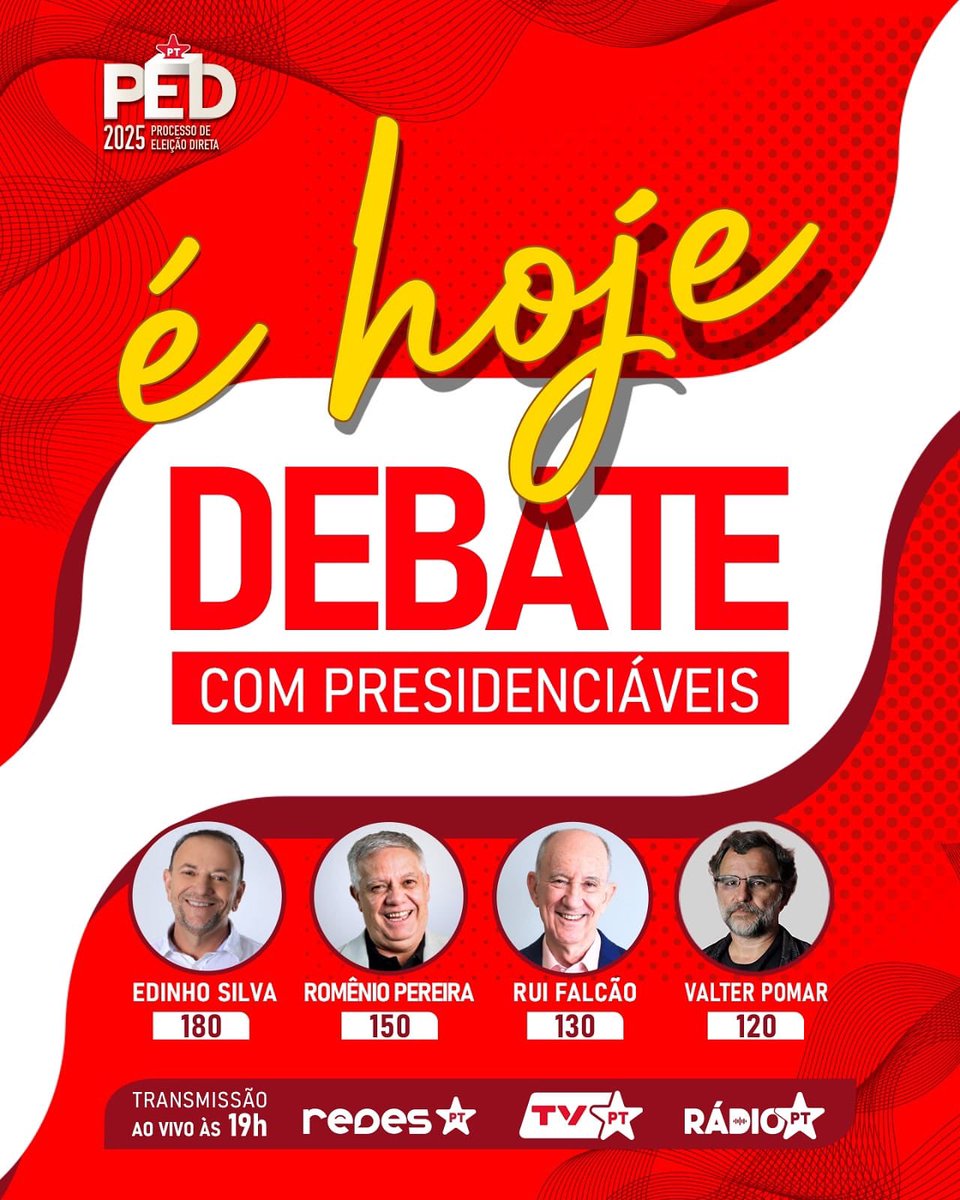 📣 É HOJE! O primeiro debate entre os candidatos a presidente Nacional do PT vai ser realizado nesta segunda-feira, dia 2/6, às 23h, no horário de Portugal, ao vivo pela TvPT, redes sociais @PTBrasil e Rádio PT.

 ⭐ youtube.com/live/Ff0zZiFV1…

#PED2025 #PTBrasil