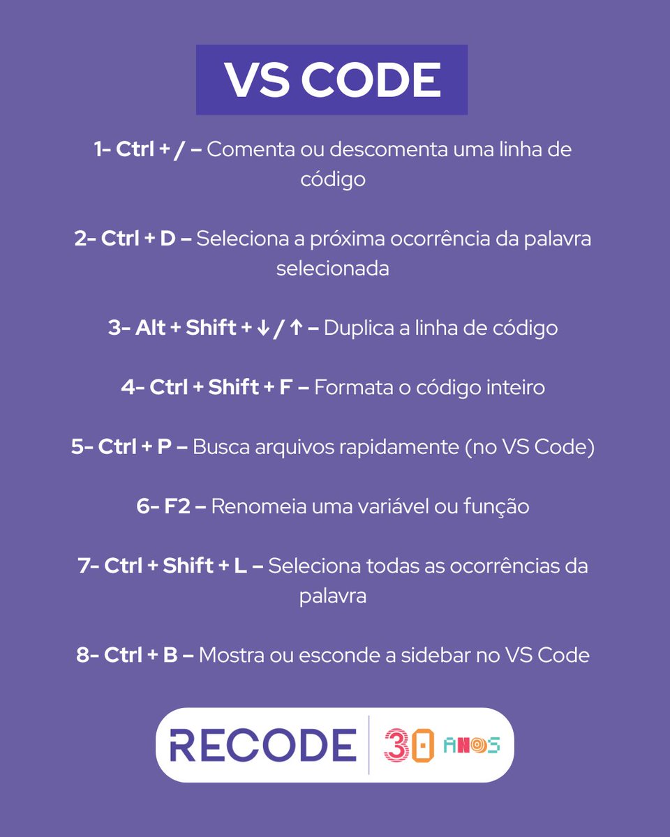 rederecode's tweet image. Você já conhecia algum desses atalhos? 🤔
Dica boa é dica compartilhada! Se você tá começando
na programação, esses atalhos podem facilitar e muito
no VS Code, Sublime Text e IntelliJ!
#Recode #Programação #VSCode #SublimeText
#IntelliJ #Dev