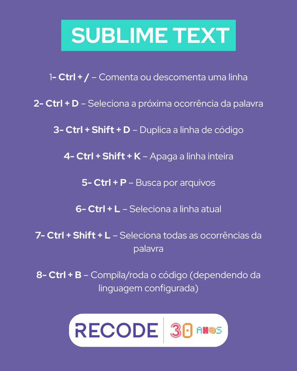 rederecode's tweet image. Você já conhecia algum desses atalhos? 🤔
Dica boa é dica compartilhada! Se você tá começando
na programação, esses atalhos podem facilitar e muito
no VS Code, Sublime Text e IntelliJ!
#Recode #Programação #VSCode #SublimeText
#IntelliJ #Dev