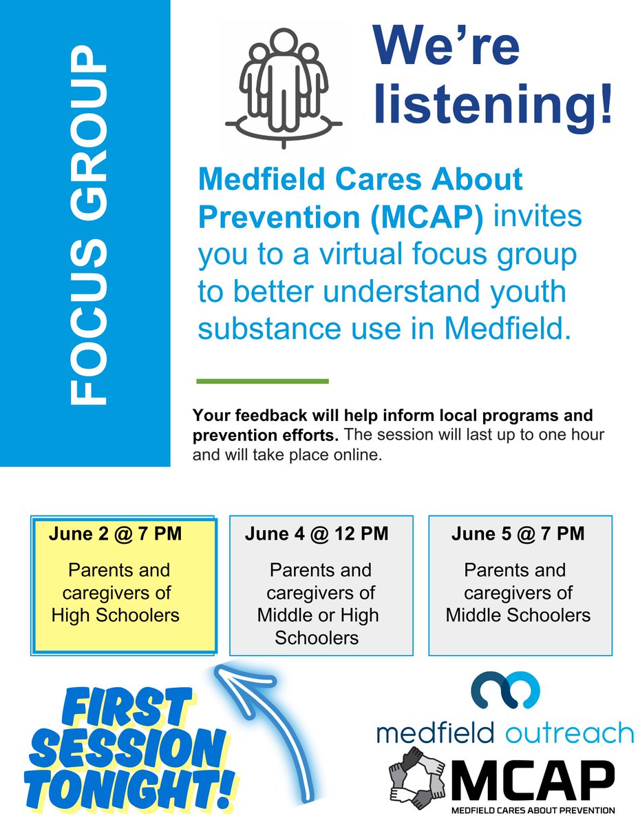 Medfield Outreach (@medfieldoutrch) on Twitter photo There's still time to sign up for our focus groups, with the first session happening TONIGHT!
We are still looking for middle and high school parents/guardians to help us better understand youth substance use in Medfield! To register, email Viktorria at vglissendorf@medfield.net There's still time to sign up for our focus groups, with the first session happening TONIGHT!
We are still looking for middle and high school parents/guardians to help us better understand youth substance use in Medfield! To register, email Viktorria at vglissendorf@medfield.net