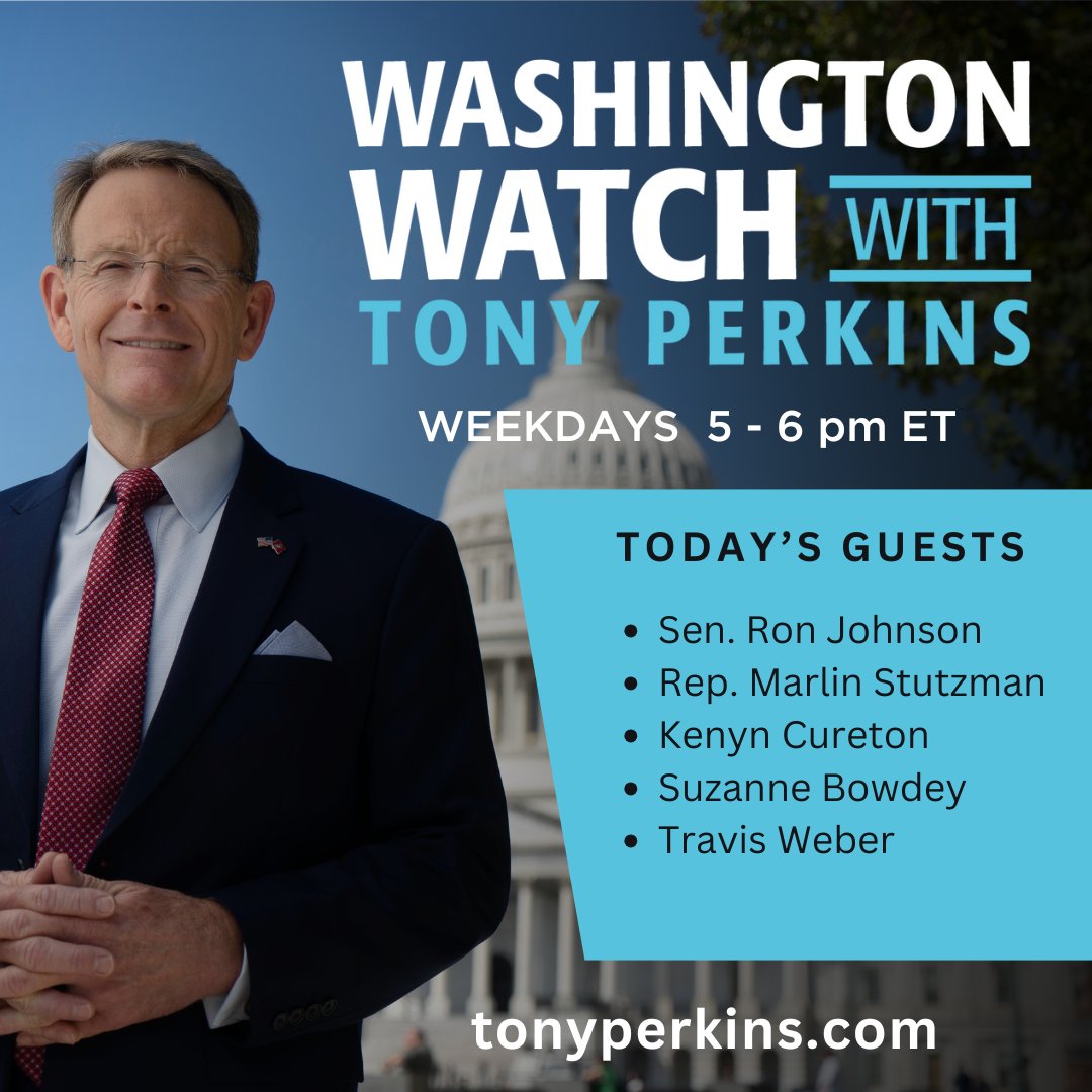 Tony Perkins (@tperkins) on Twitter photo On Washington Watch today:
<a href="/SenRonJohnson/">Senator Ron Johnson</a>
<a href="/RepStutzman/">Rep. Marlin Stutzman</a>
Kenyn Cureton
Suzanne Bowdey, <a href="/WSHStand/">The Washington Stand</a>
Travis Weber
Tune in! Boulder terror attack, new COVID vaccine info, Israel/Gaza, Ukraine/Russia, Family Bible Challenge, reconciliation, recissions, & Big Business/Pride month. On Washington Watch today:
<a href="/SenRonJohnson/">Senator Ron Johnson</a>
<a href="/RepStutzman/">Rep. Marlin Stutzman</a>
Kenyn Cureton
Suzanne Bowdey, <a href="/WSHStand/">The Washington Stand</a>
Travis Weber
Tune in! Boulder terror attack, new COVID vaccine info, Israel/Gaza, Ukraine/Russia, Family Bible Challenge, reconciliation, recissions, & Big Business/Pride month.