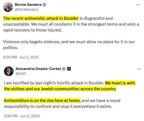 both Bernie Sanders and AOCIA have said the attack in Boulder was "anti-Semitic". The attack was explicitly targeted at pro-Israeli Zionists, literally at a Zionist political rally, and the person who did it said he was specifically targeting Zionists. Random Jews were not