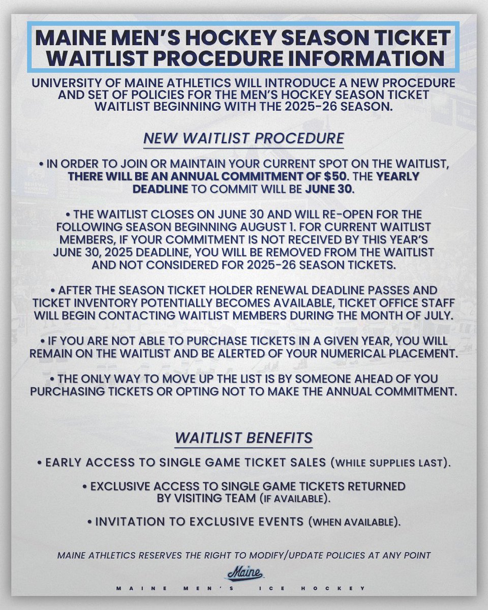 MAINE FANS 🗣️

Don't forget, there is a new season ticket waitlist process — and the waitlist closes in less than a month!

ℹ️: tinyurl.com/2cs64vmo 
FAQs: tinyurl.com/2ydoydcv