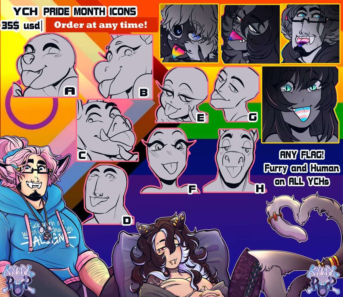 🌈 Its June! owo  
Happy Pride everyone!!!  

For anyone looking or interested my collab partner
<a href="/KinxArts/">Kinx☕️</a> and I offer these for the good vibes   

Prices as listed, all info on our site (link below)

❤️🩶🧡1 week turnaround on these 💙💜 💚💛
#furry #ych #vtuber #pride