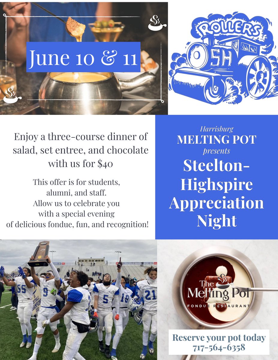 Steel-High Night @ Melting Pot 🍫🎉
June 10 &amp; 11 • $40 menu • Celebrate SHSD!
#RollerPride #SteelHighStrong