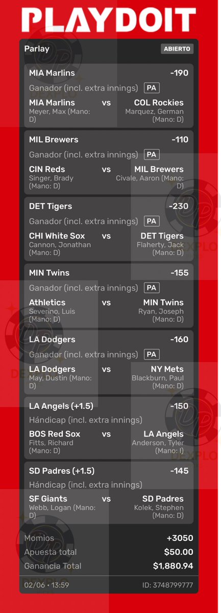 DexploPicks's tweet photo. 🚨 PARLAY DE LOCURA CON +3050 🚨
¡HOY NOS VAMOS POR TODO! 💸🔥
sale esta bomba de 8 selecciones en MLB ⚾:

$50 ➡️ $1,880 posibles

📈 ¿Confías o lo dudas?
#MLB #Playdoit #Apuestas #ParlaySoñador #Beisbol #Dexplopicks https://t.co/lIbgIQLdME