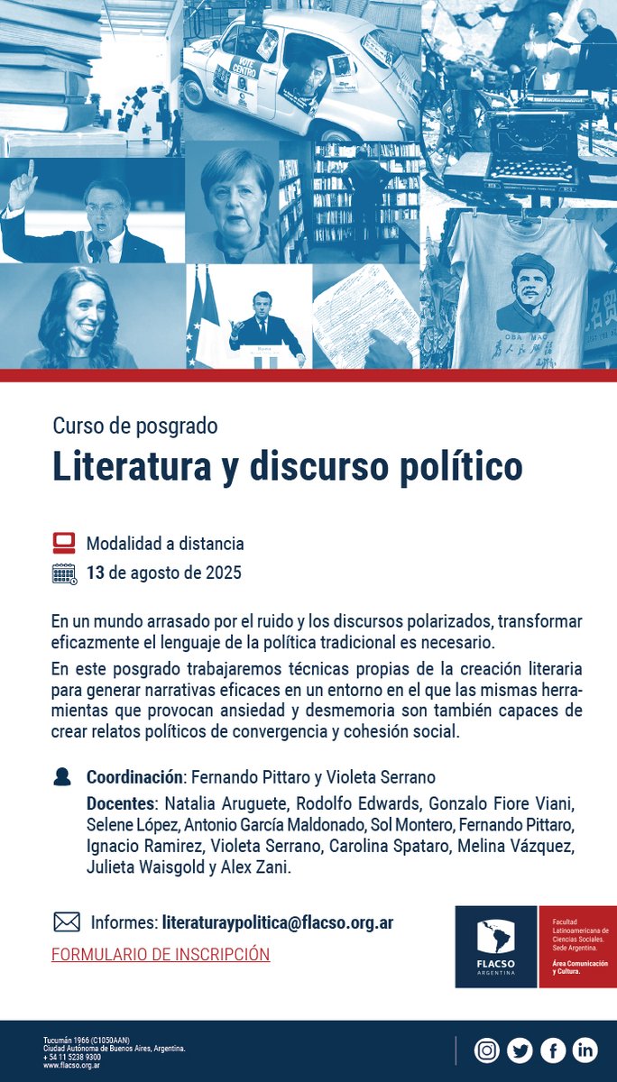 Fernando Pittaro (@ferpittaro) on Twitter photo 📢INSCRIPCIÓN ABIERTA🗓️hasta el 31/7
🎯El 13/8 empezamos la quinta edición del posgrado en Literatura y Discurso Político.
🔥Con nuevas y lindas novedades.
📝Inscripción y consultas acá👇 flacso.org.ar/formacion-acad…
<a href="/natyaruguete/">Natalia Aruguete</a> <a href="/monteraux/">monteraux</a> <a href="/FioreViani/">Gonzalo Fiore Viani</a> 📢INSCRIPCIÓN ABIERTA🗓️hasta el 31/7
🎯El 13/8 empezamos la quinta edición del posgrado en Literatura y Discurso Político.
🔥Con nuevas y lindas novedades.
📝Inscripción y consultas acá👇 flacso.org.ar/formacion-acad…
<a href="/natyaruguete/">Natalia Aruguete</a> <a href="/monteraux/">monteraux</a> <a href="/FioreViani/">Gonzalo Fiore Viani</a>