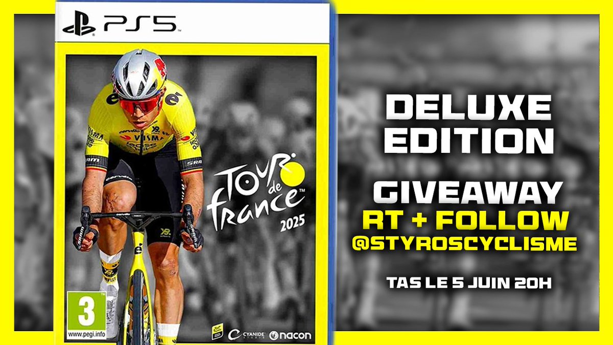 GIVEAWAY  🎁 

je vous offre pour la sortie le jeu Tour de France 2025 en DELUXE EDITION sur PS5, Xbox Series X/S ou PC #TDF2025 🚴‍♂️

Rt+Follow <a href="/StyrosCyclisme/">Styros</a> pour participer.

Tirage au sort jeudi soir.
Bonne chance 🍀