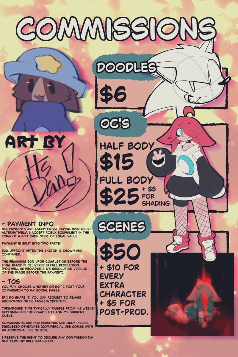 COMMISSIONS!

If you're interested, DM me on Twitter or Discord (itsdan47).
All important information is displayed at the bottom left corner of the sheet. But I can clarify some things if you have any doubts!