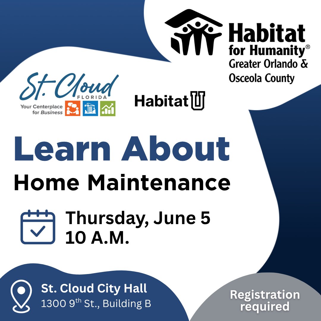 Join us for a free hands-on home maintenance class with Habitat Orlando on Thurs, June 5 at 10 AM at St. Cloud City Hall. Learn about plumbing, electrical, and HVAC. Free disaster prep backpacks while supplies last. Seating is limited. Register here: bit.ly/4kneTcF