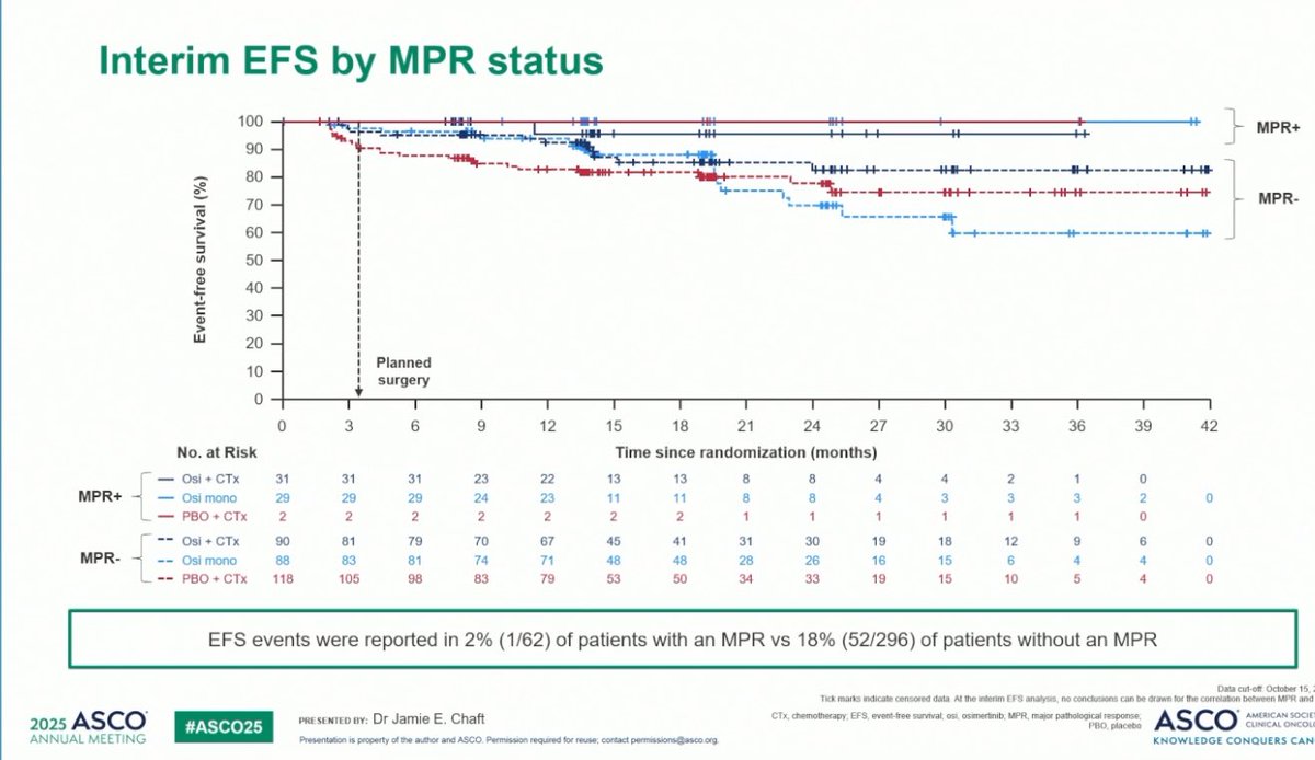 Stephen V Liu, MD (@stephenvliu) on Twitter photo Dr. <a href="/ChaftJamie/">Jamie Chaft</a> with NEOADAURA at #ASCO25. Neoadjuvant osimertinib alone or with chemo vs neoadjuvant chemo in NSCLC. MPR only 2% with chemo, vs 25% with osi, 26% with osi/chemo. pCR 9% osi, 4% osi/chemo. EFS better for pts who MPR - curious how adjuvant osi contributed to EFS. Dr. <a href="/ChaftJamie/">Jamie Chaft</a> with NEOADAURA at #ASCO25. Neoadjuvant osimertinib alone or with chemo vs neoadjuvant chemo in NSCLC. MPR only 2% with chemo, vs 25% with osi, 26% with osi/chemo. pCR 9% osi, 4% osi/chemo. EFS better for pts who MPR - curious how adjuvant osi contributed to EFS.