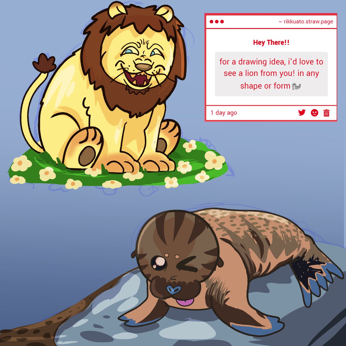 King of The Junjle &amp; Sea 👑🌊

Lion &amp; a SEA lion bec of the lil seal emoji - thank you for your request!!! 

Workin' on the other ones too :-)