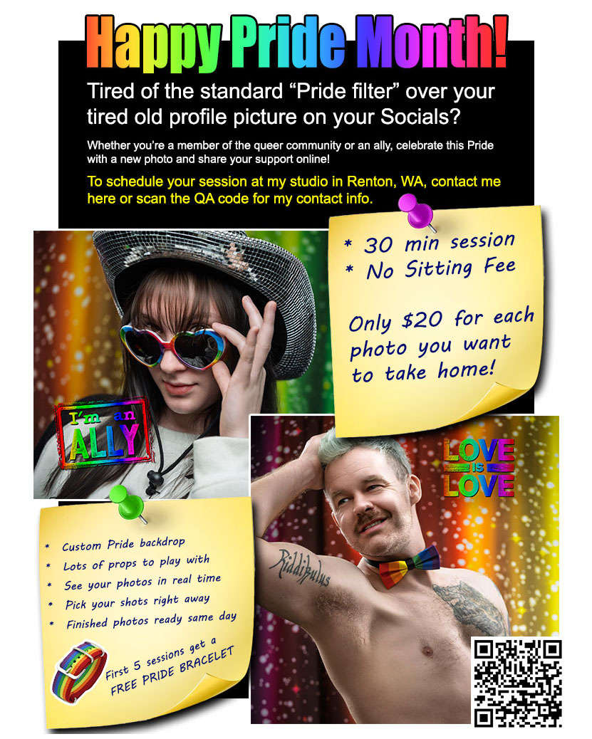 da_studioarts's tweet photo. To celebrate Pride Month and the completion of my new studio in Renton, WA, I'm offering Pride photos for $20.  Whether you're a member of the community or an ally, show your support online! https://t.co/4FSCoZQP3W
