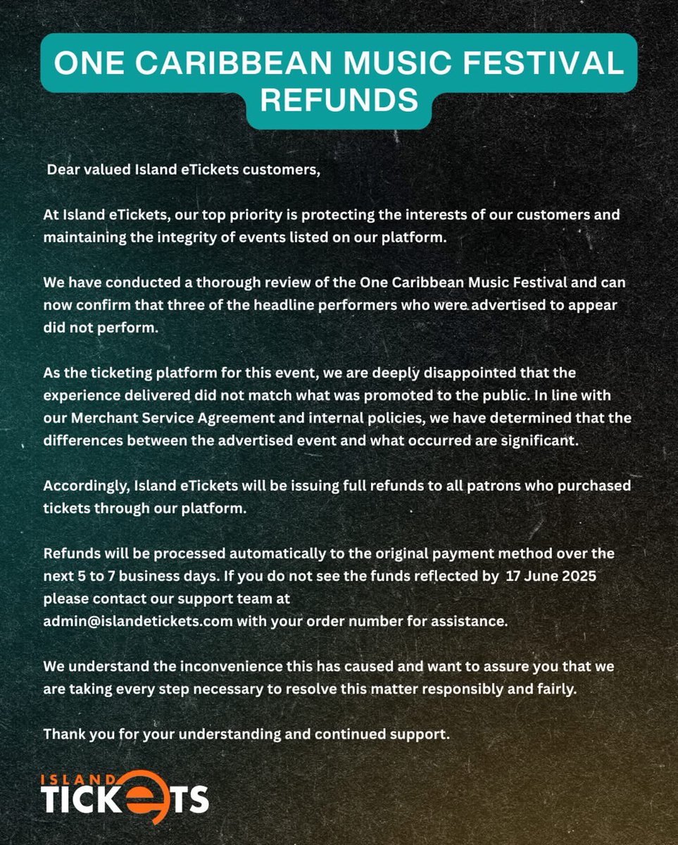Island e-tickets says full refunds for those who bought tickets for One Caribbean Music Festival via its platform