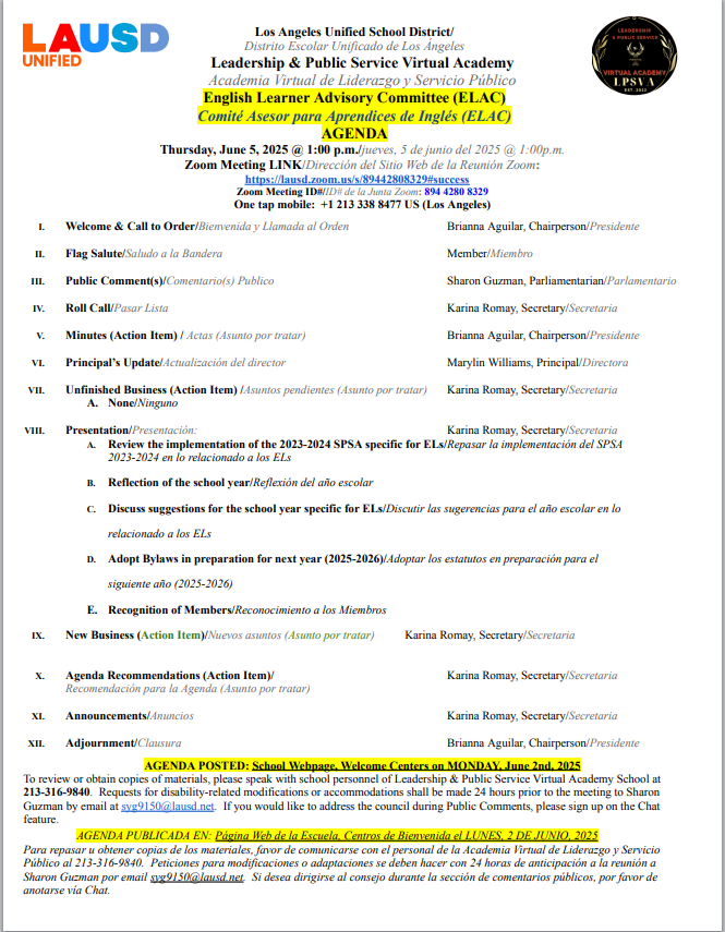 SLPSVA's tweet photo. English Learner Advisory Committee (ELAC)   AGENDA Thursday, June 5, 2025 @ 1:00 p.m./jueves, 5 de junio del 2025 @ 1:00p.m. Zoom Meeting LINK/Dirección del Sitio Web de la Reunión Zoom: https://t.co/K7XSWbaVzE Zoom Meeting ID#/ID# de la Junta Zoom: 894 4280 8329 https://t.co/qJhfBMXNnN