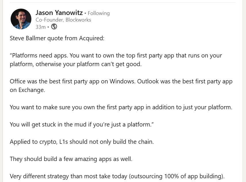 NandoCaralt's tweet photo. @LightBSV Interesting take on the road to success for platforms.

Sharing in case is relevant to BSV. I've been following BSV progress but not up to date on the details if you guys are already building apps. https://t.co/CpmHeDXMv9