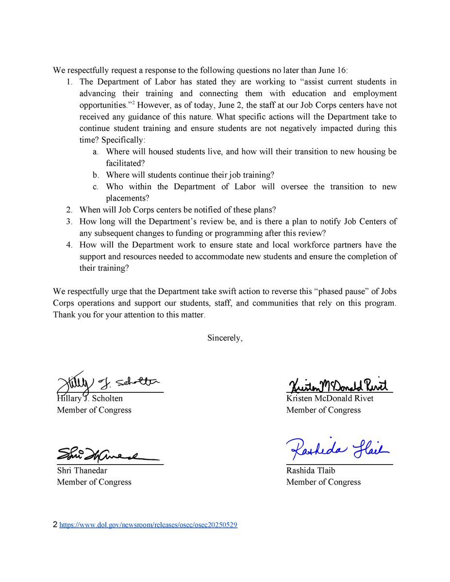 This pause in Job Corps center operations derails the lives of thousands of young people and dedicated staff committed to strengthening our country’s workforce.

This closure must be reversed immediately.