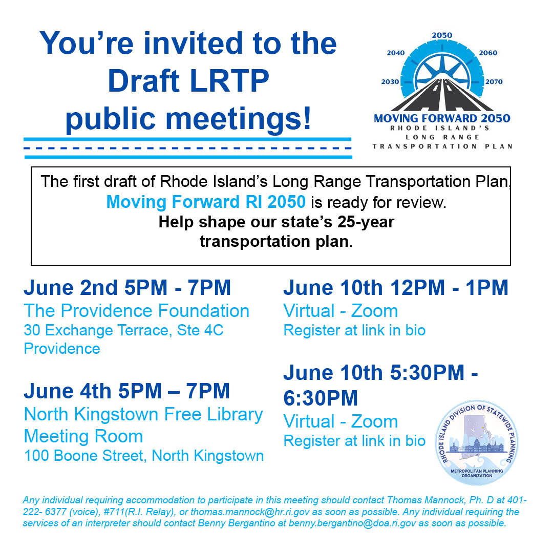 Join us on June 4th at North Kingstown Public Library for a conversation about the future of Rhode Island's public infrastructure, including Quonset's Port of Davisville! Share your vision for our roads, bridges, public transit and more.

More details: planning.ri.gov/planning-areas….