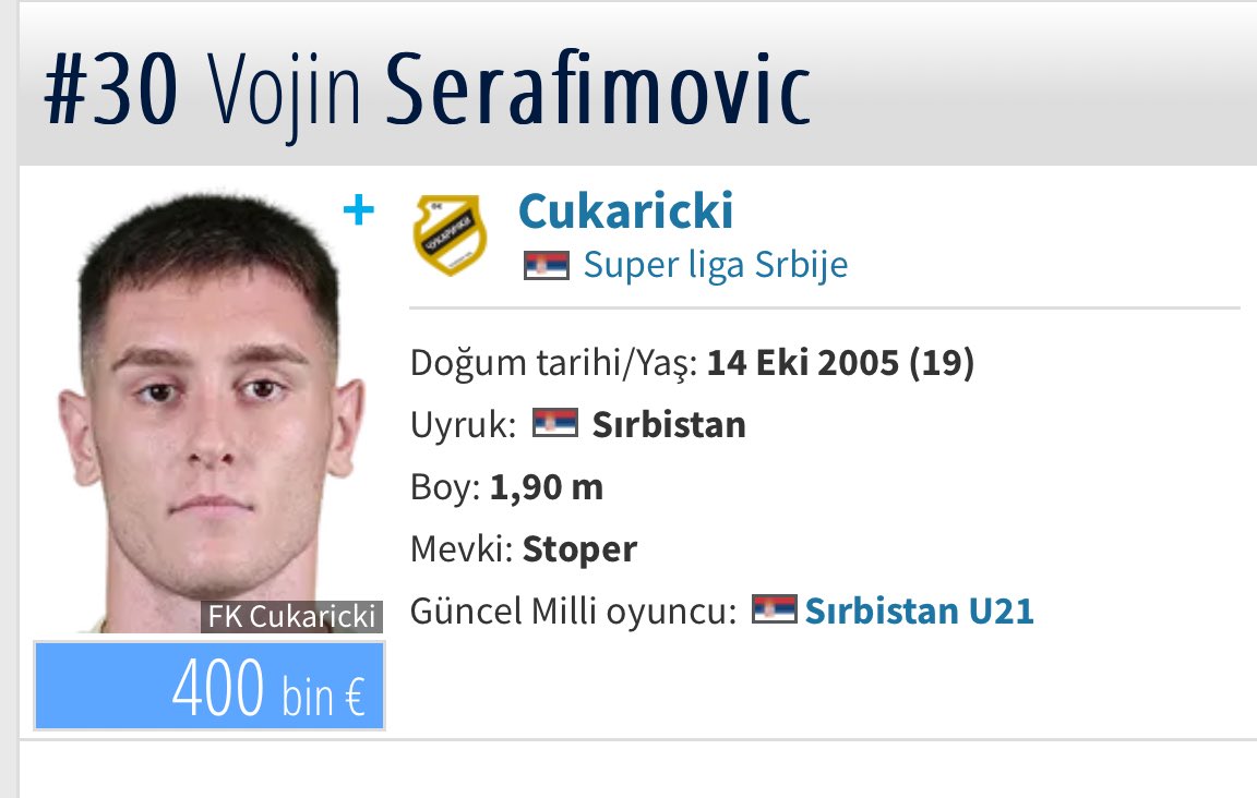 Vojin Serafimovic 2005 jenerasyonunun iyi stoperlerinden. Muhtemelen bir basamak liginden sonra atar kendini büyük liglere.