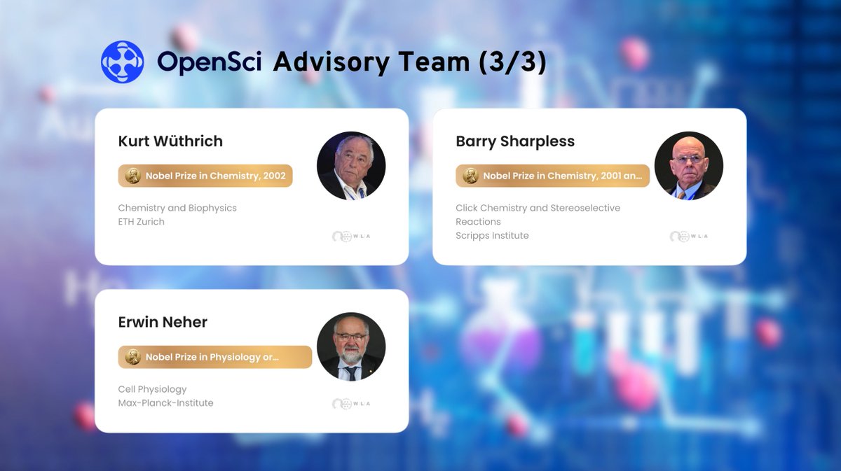 OpenSci.io (@opensci_io) on Twitter photo Introducing OpenSci Advisory Team (3/3) with support from WLA:
1⃣️Kurt Wuthrich
<a href="/NobelPrize/">The Nobel Prize</a> in Chemistry, 2002
2⃣️Barry Sharpless
<a href="/NobelPrize/">The Nobel Prize</a> in Chemistry, 2001 & 2022
3⃣️Erwin Nether
<a href="/NobelPrize/">The Nobel Prize</a> in Physiology or Medicine, 1991 Introducing OpenSci Advisory Team (3/3) with support from WLA:
1⃣️Kurt Wuthrich
<a href="/NobelPrize/">The Nobel Prize</a> in Chemistry, 2002
2⃣️Barry Sharpless
<a href="/NobelPrize/">The Nobel Prize</a> in Chemistry, 2001 & 2022
3⃣️Erwin Nether
<a href="/NobelPrize/">The Nobel Prize</a> in Physiology or Medicine, 1991