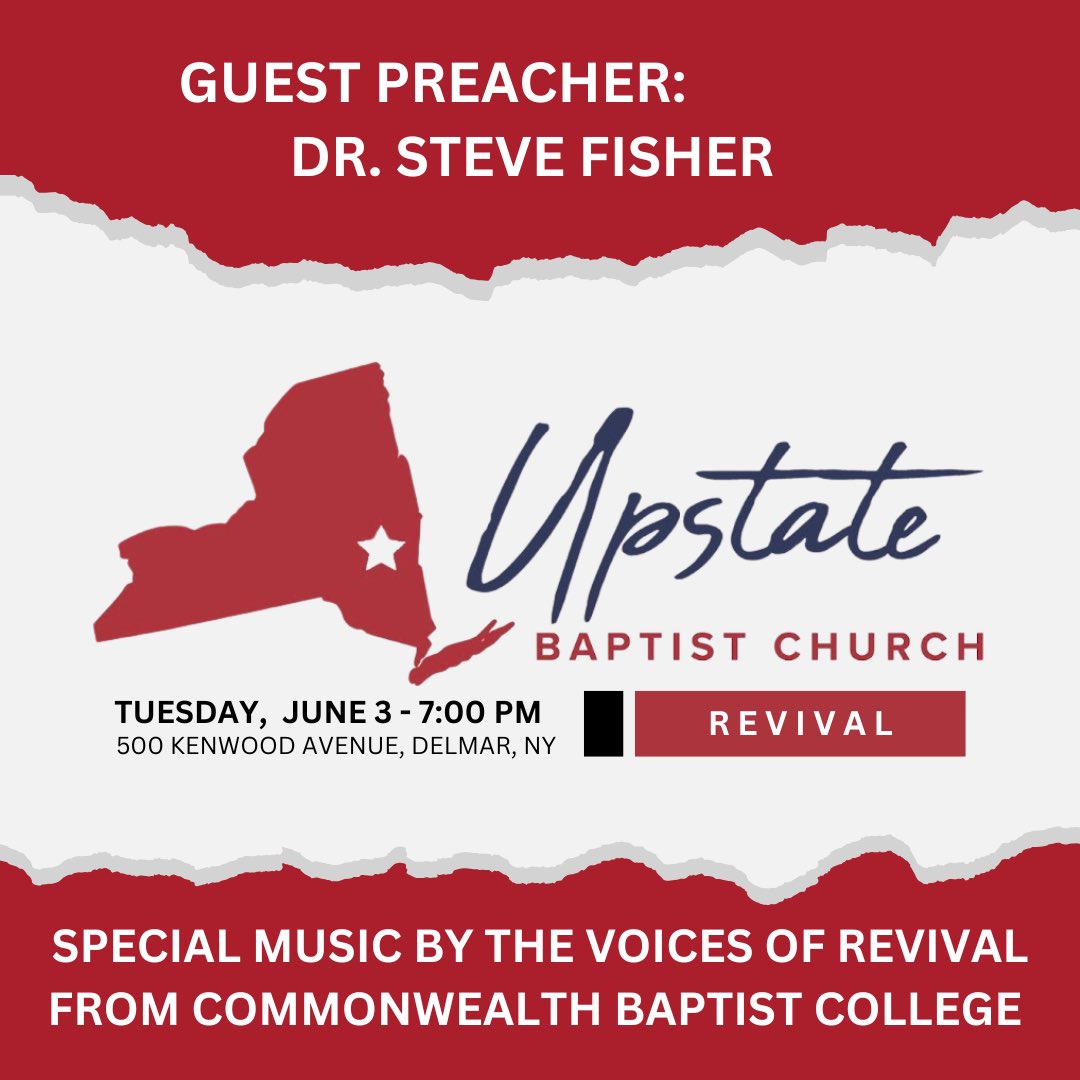 Albany-area friends and pastors:

I’ll be preaching this Tuesday, June 3 at 7 PM at Upstate Baptist Church in Delmar, NY. The Voices of Revival will provide the special music

Come and bring a guest with you

Let’s encourage this pastor and his church

#VOR2025 #Revival #DelmarNY