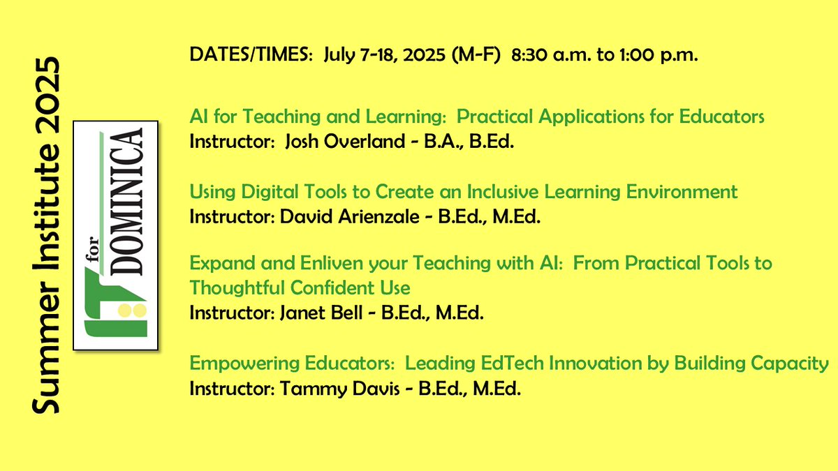 IT for Dominica (@itfordominica) on Twitter photo In just 4 weeks our IT for #Dominica Summer Institute team will travel to the island to offer 10 days of professional development - all possible as a result of the support of <a href="/albertateachers/">Alberta Teachers' Association</a> and Palliser Local #19 and our collaboration with Ministry of Education in Dominica. In just 4 weeks our IT for #Dominica Summer Institute team will travel to the island to offer 10 days of professional development - all possible as a result of the support of <a href="/albertateachers/">Alberta Teachers' Association</a> and Palliser Local #19 and our collaboration with Ministry of Education in Dominica.