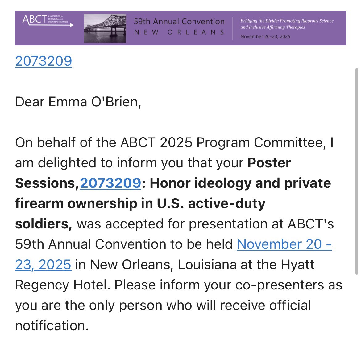 obrien_emj's tweet image. My two first-author posters were accepted to present at @ABCTNOW in New Orleans in November! 🥳 Looking forward to meeting more folks down in the big easy!!